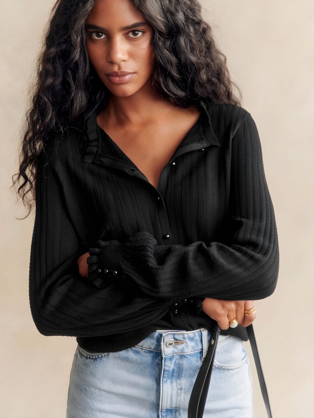 Sezane Merino Wool Black Knit Button Up Louis Cardigan, S